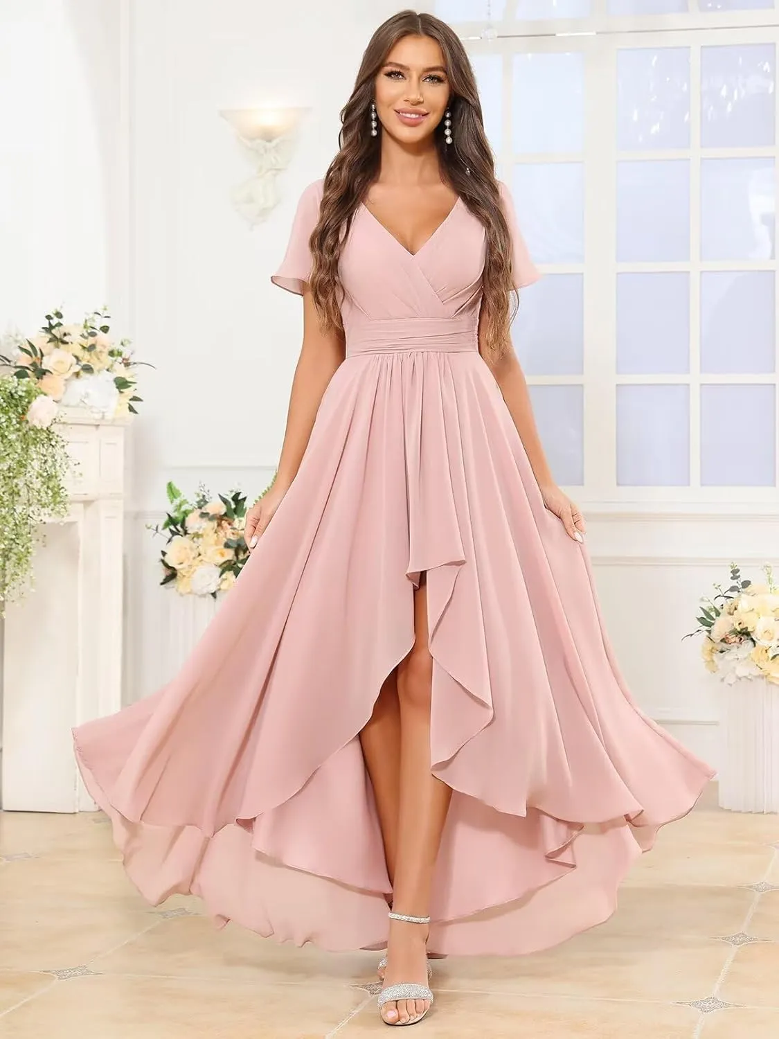 Women's Short Sleeve Bridesmaid Dresses for Women Ruffle Chiffon High Low Evening Formal Gown with Pockets