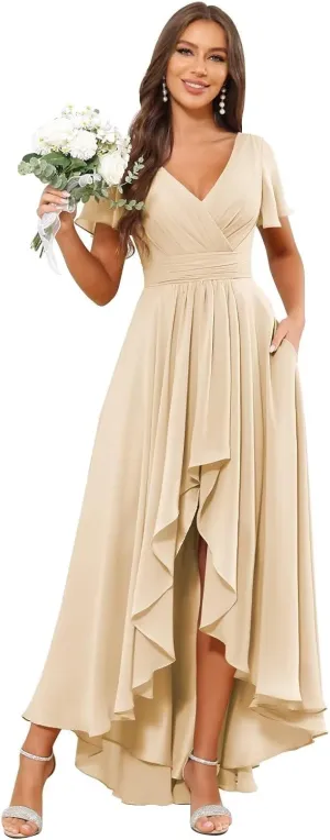 Women's Short Sleeve Bridesmaid Dresses for Women Ruffle Chiffon High Low Evening Formal Gown with Pockets