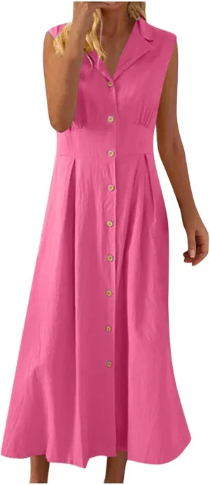 Womens Sleeveless Button Down Midi Dress Collared A Line Dresses with Pockets Loose Casual Summer Vacation Sundress