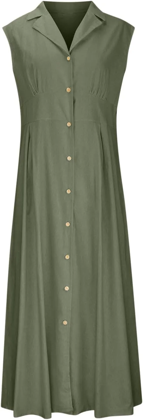 Womens Sleeveless Button Down Midi Dress Collared A Line Dresses with Pockets Loose Casual Summer Vacation Sundress