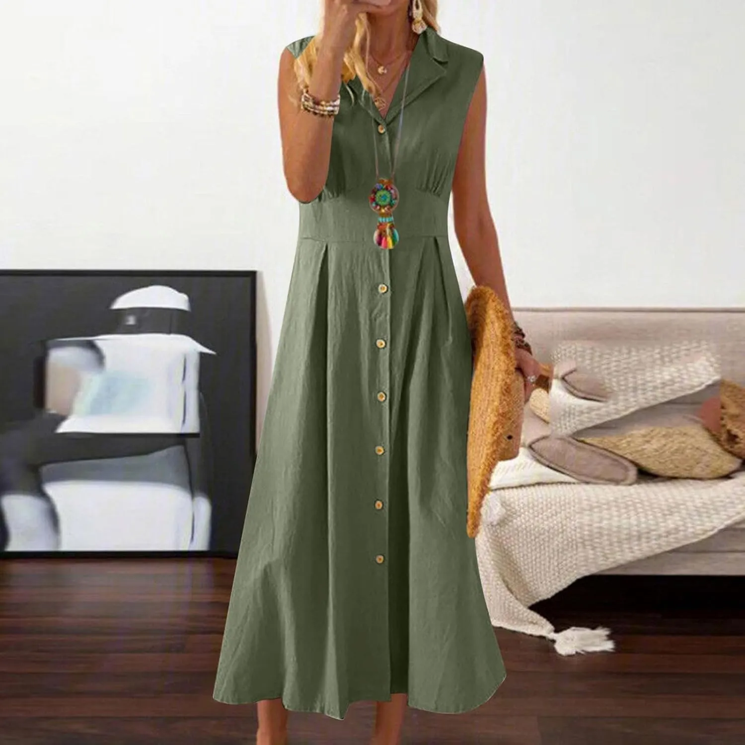 Womens Sleeveless Button Down Midi Dress Collared A Line Dresses with Pockets Loose Casual Summer Vacation Sundress
