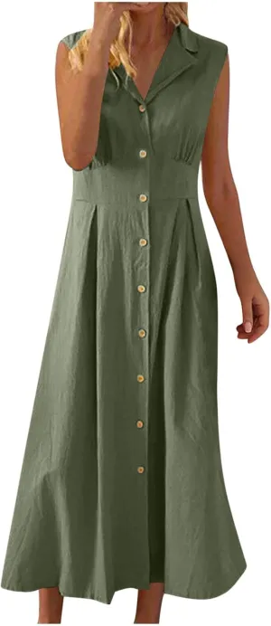 Womens Sleeveless Button Down Midi Dress Collared A Line Dresses with Pockets Loose Casual Summer Vacation Sundress