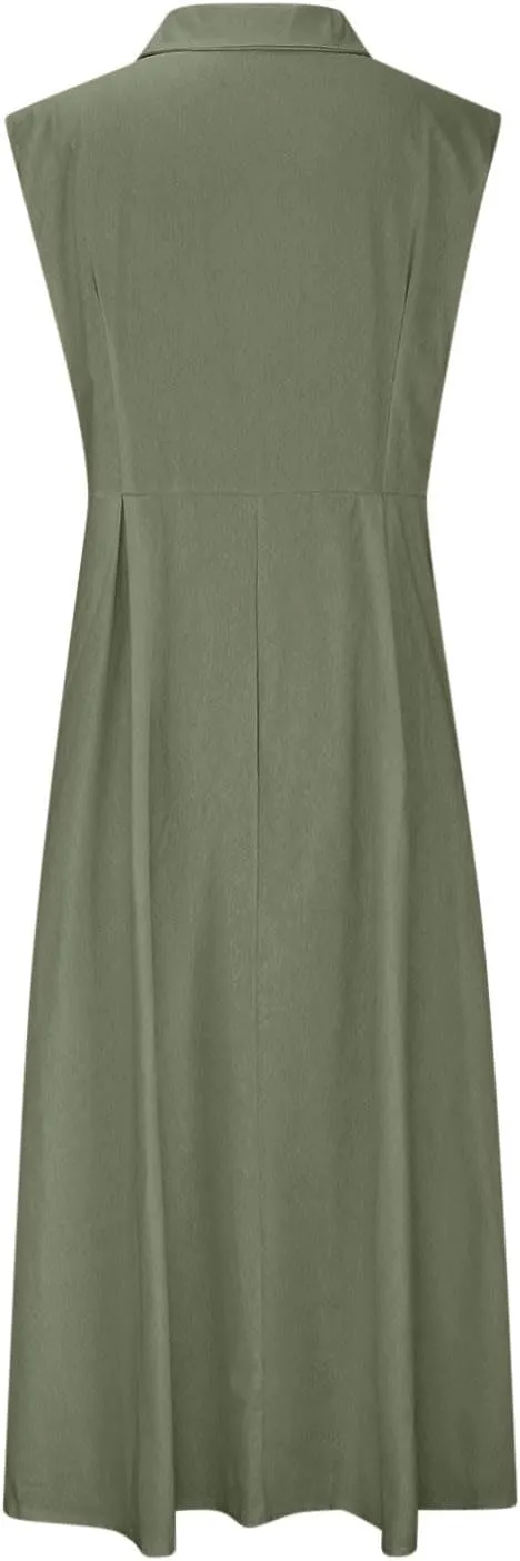 Womens Sleeveless Button Down Midi Dress Collared A Line Dresses with Pockets Loose Casual Summer Vacation Sundress
