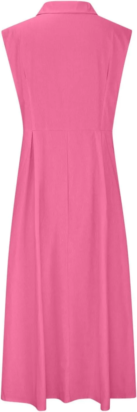 Womens Sleeveless Button Down Midi Dress Collared A Line Dresses with Pockets Loose Casual Summer Vacation Sundress