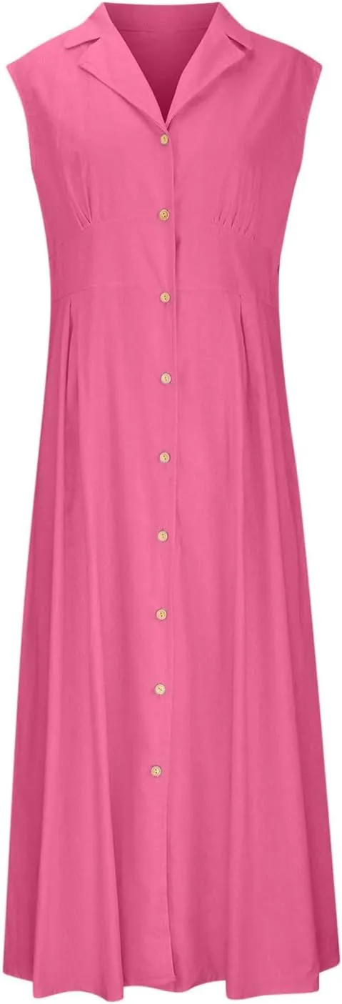 Womens Sleeveless Button Down Midi Dress Collared A Line Dresses with Pockets Loose Casual Summer Vacation Sundress