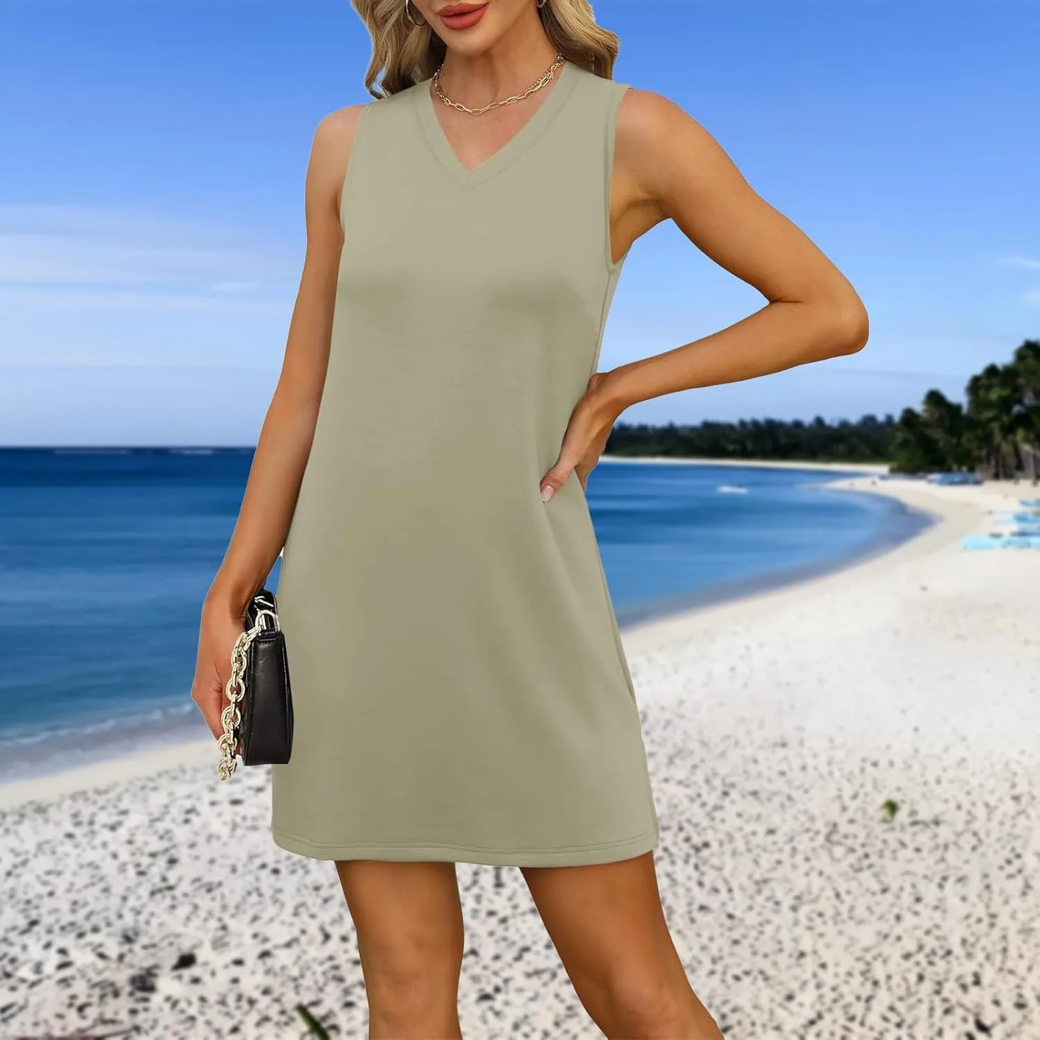 Women's Sleeveless Dresses Fashion V Neck Casual 2025 Dress with Side Slits Elegant Summer Dress Burgundy Sizes S-XL