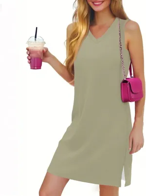 Women's Sleeveless Dresses Fashion V Neck Casual 2025 Dress with Side Slits Elegant Summer Dress Burgundy Sizes S-XL