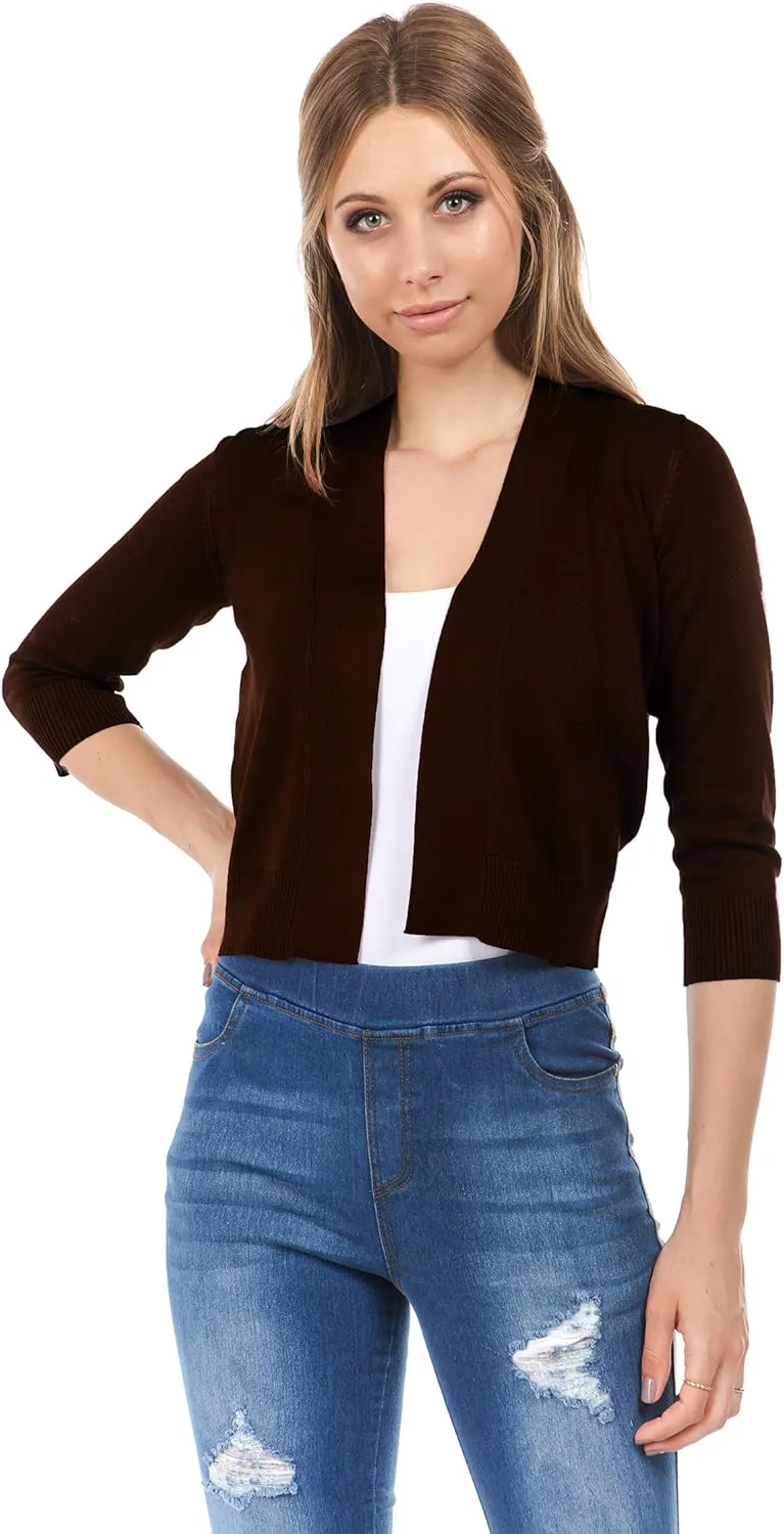 Women's Soft Solid Open Front 3/4 Sleeve Sweater Cardigan