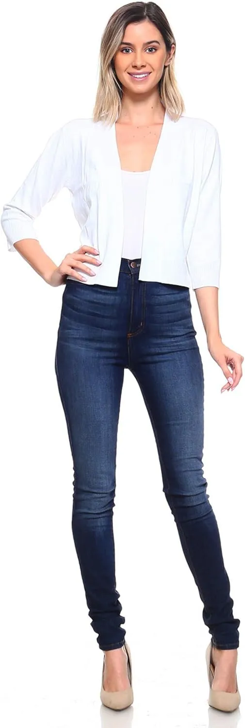 Women's Soft Solid Open Front 3/4 Sleeve Sweater Cardigan