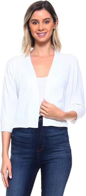 Women's Soft Solid Open Front 3/4 Sleeve Sweater Cardigan