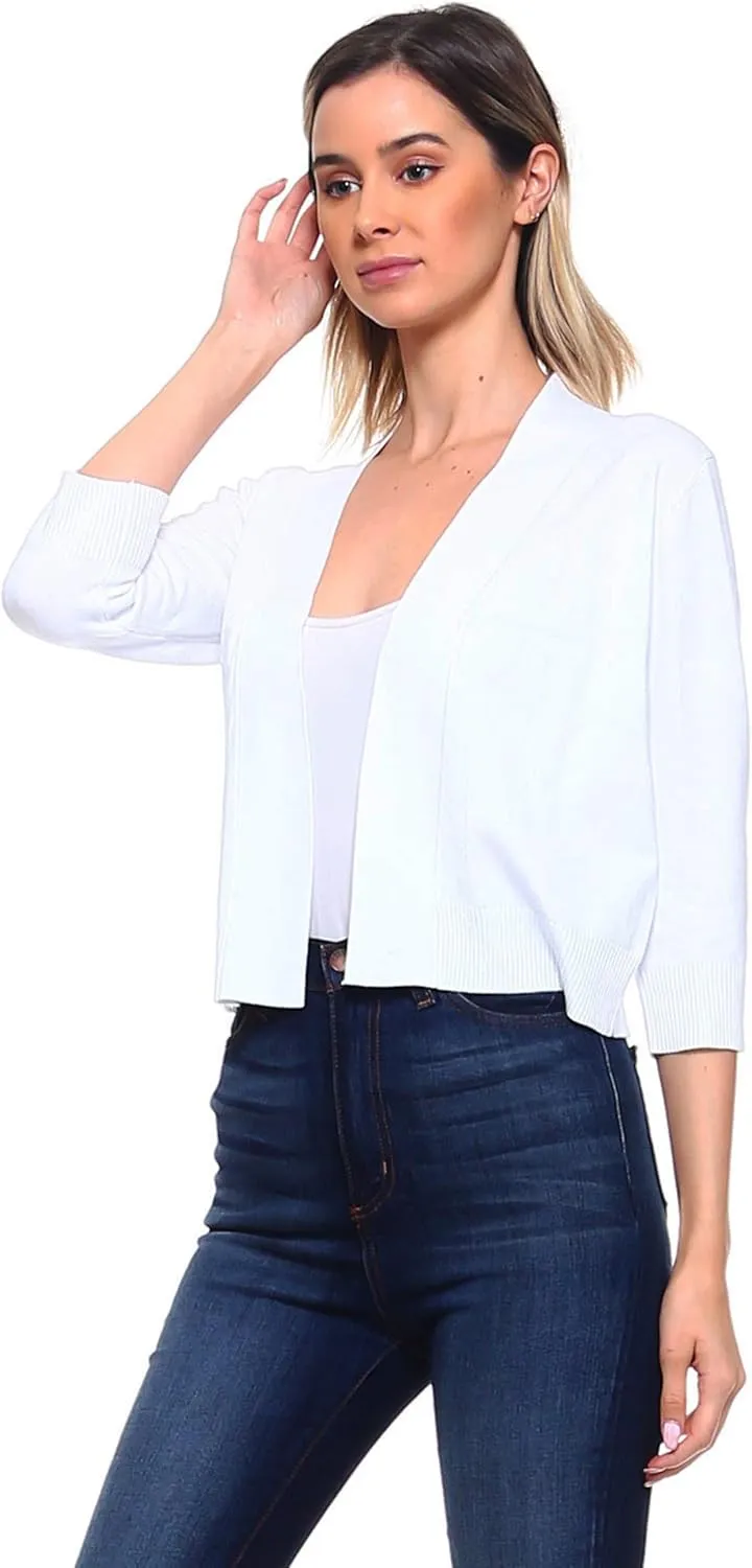 Women's Soft Solid Open Front 3/4 Sleeve Sweater Cardigan