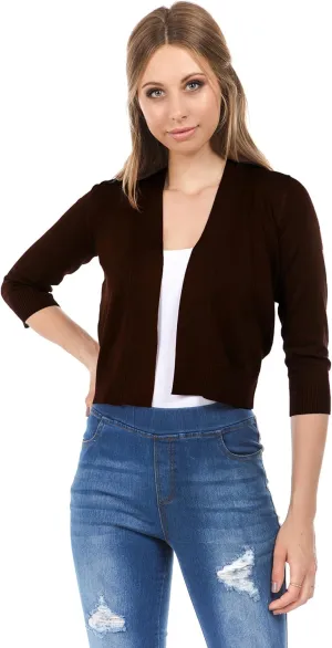 Women's Soft Solid Open Front 3/4 Sleeve Sweater Cardigan