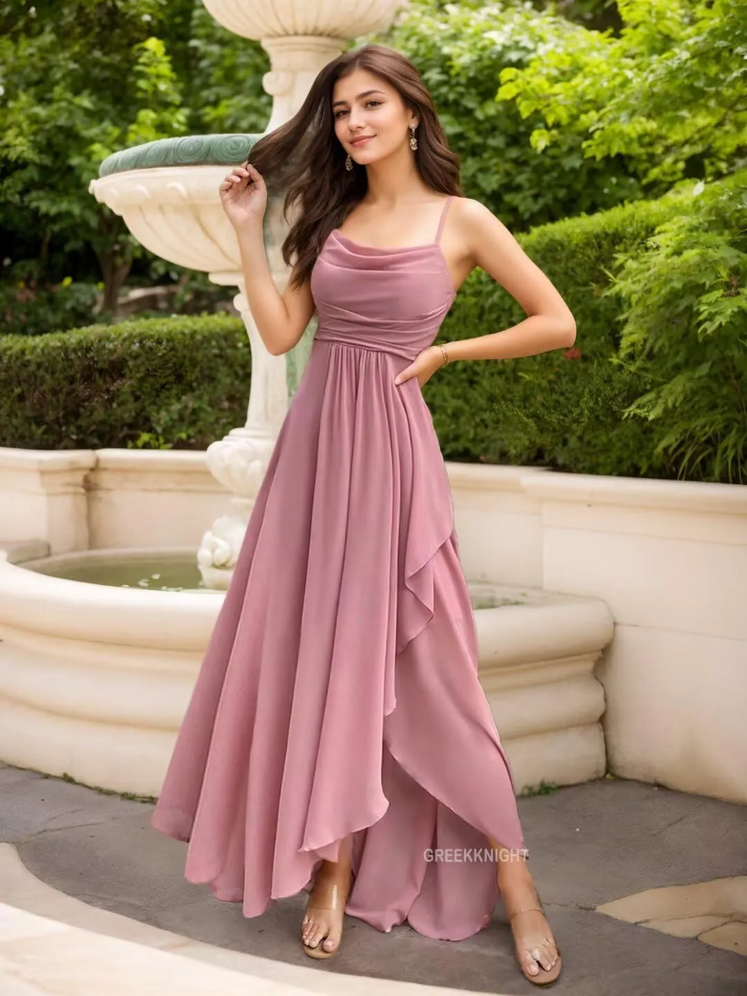 Women's Spaghetti Straps Bridesmaid Dresses for Wedding Long Ruffle Slit Formal Dresses Evening Party Gowns
