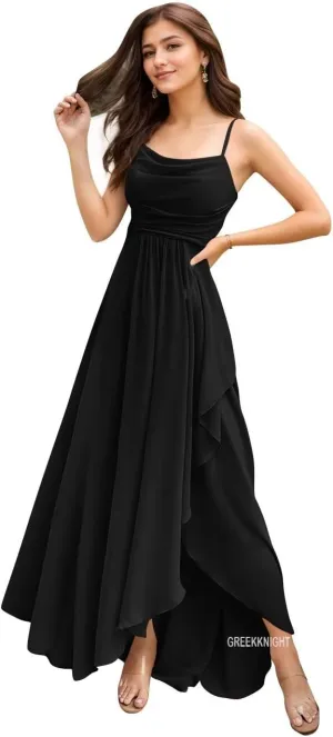Women's Spaghetti Straps Bridesmaid Dresses for Wedding Long Ruffle Slit Formal Dresses Evening Party Gowns