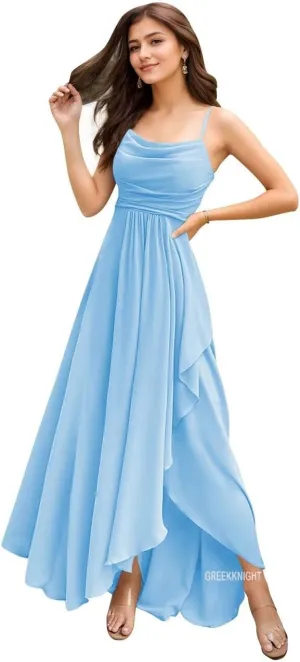 Women's Spaghetti Straps Bridesmaid Dresses for Wedding Long Ruffle Slit Formal Dresses Evening Party Gowns