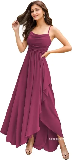 Women's Spaghetti Straps Bridesmaid Dresses for Wedding Long Ruffle Slit Formal Dresses Evening Party Gowns
