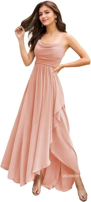 Women's Spaghetti Straps Bridesmaid Dresses for Wedding Long Ruffle Slit Formal Dresses Evening Party Gowns