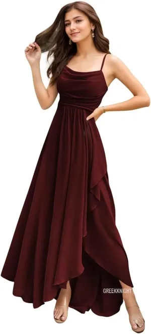 Women's Spaghetti Straps Bridesmaid Dresses for Wedding Long Ruffle Slit Formal Dresses Evening Party Gowns