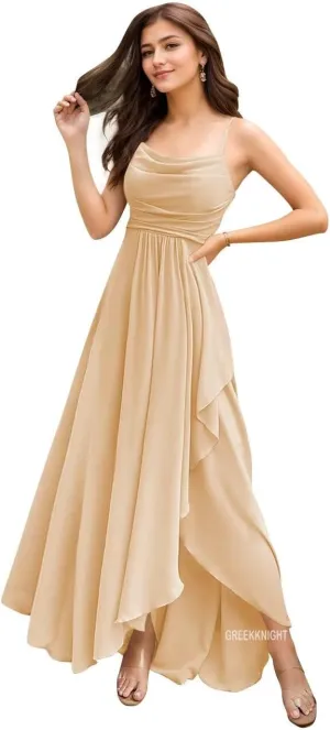 Women's Spaghetti Straps Bridesmaid Dresses for Wedding Long Ruffle Slit Formal Dresses Evening Party Gowns