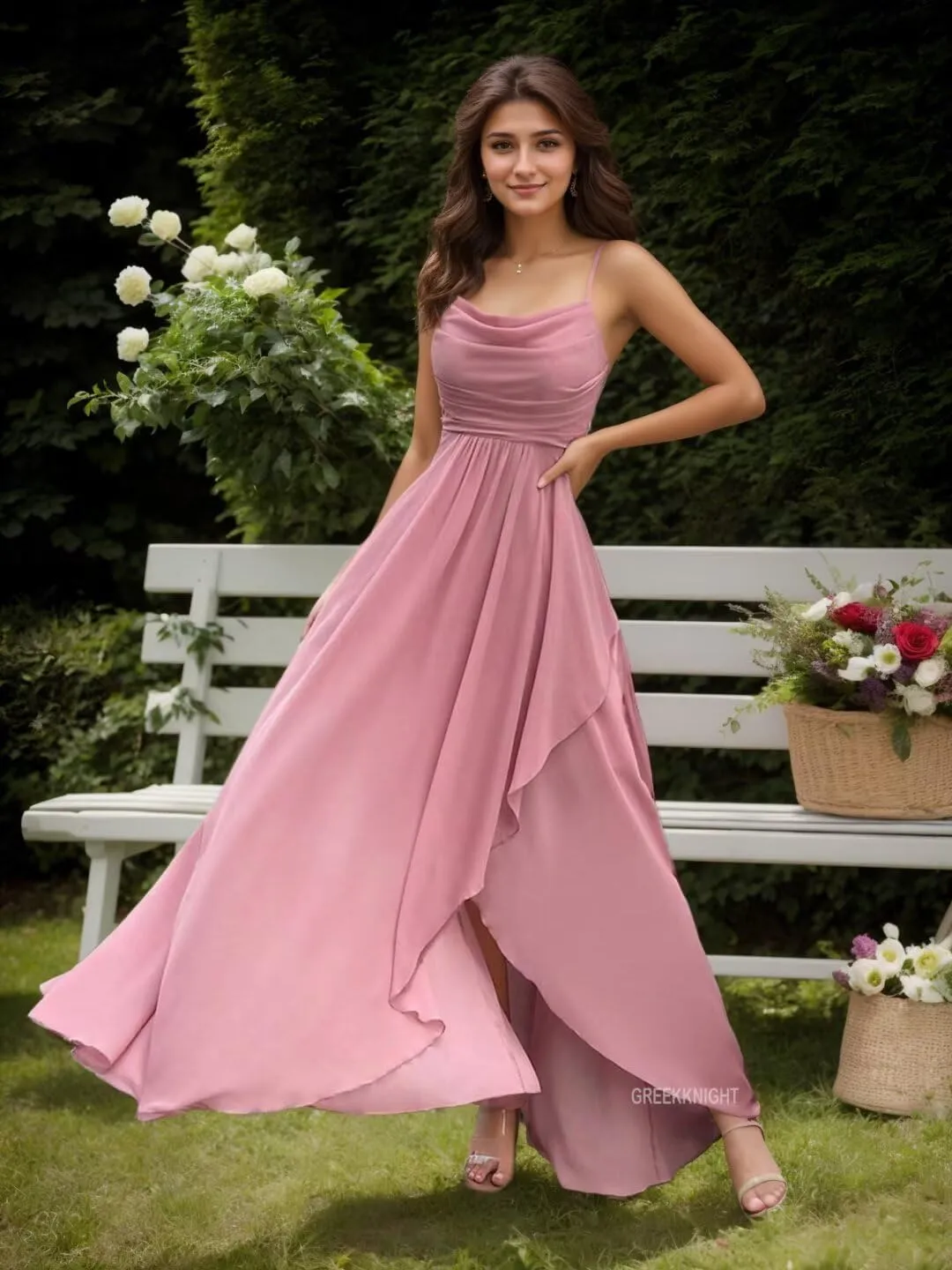 Women's Spaghetti Straps Bridesmaid Dresses for Wedding Long Ruffle Slit Formal Dresses Evening Party Gowns