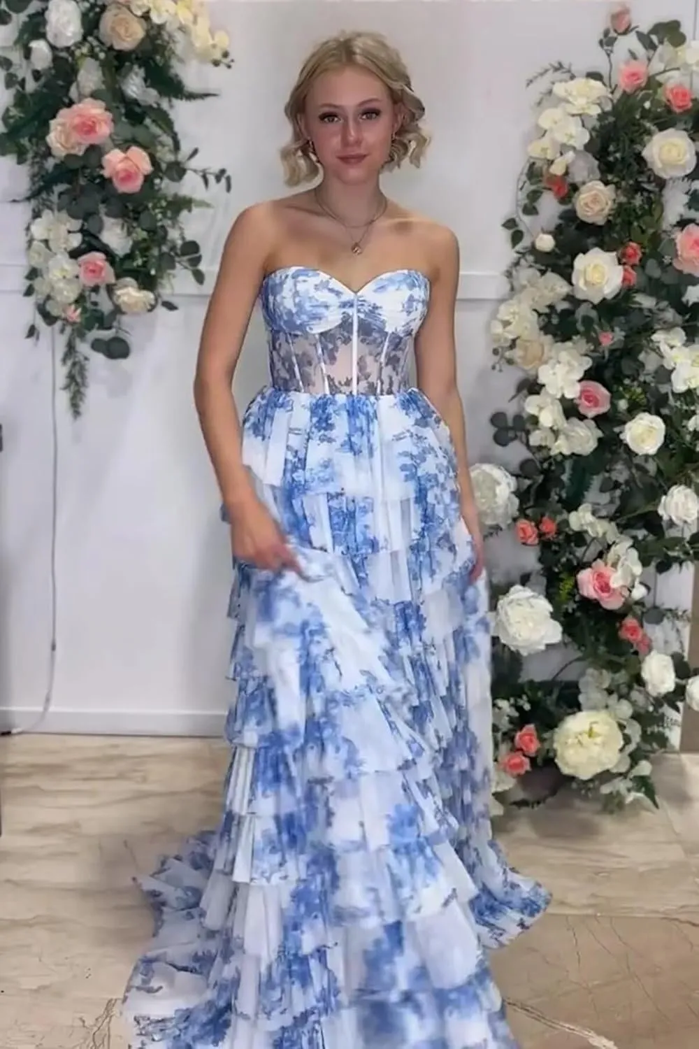 Women's Strapless Corset Prom Dresses Long Tiered Ball Gown Ruffle Floral Formal Evening Gown
