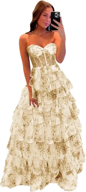 Women's Strapless Corset Prom Dresses Long Tiered Ball Gown Ruffle Floral Formal Evening Gown