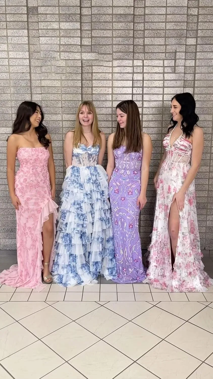 Women's Strapless Corset Prom Dresses Long Tiered Ball Gown Ruffle Floral Formal Evening Gown