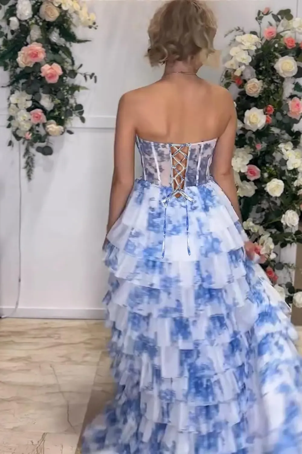 Women's Strapless Corset Prom Dresses Long Tiered Ball Gown Ruffle Floral Formal Evening Gown