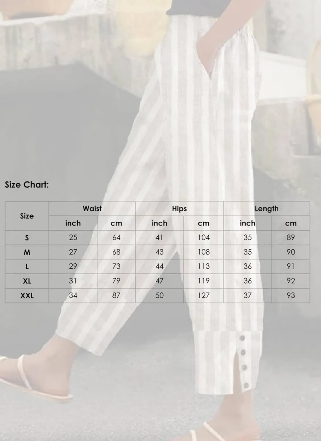 Women's Striped Linen Blend Midi Waist Wide Leg Pants with Side Buttons Casual Long Trousers Summer Lounge Sweatpants