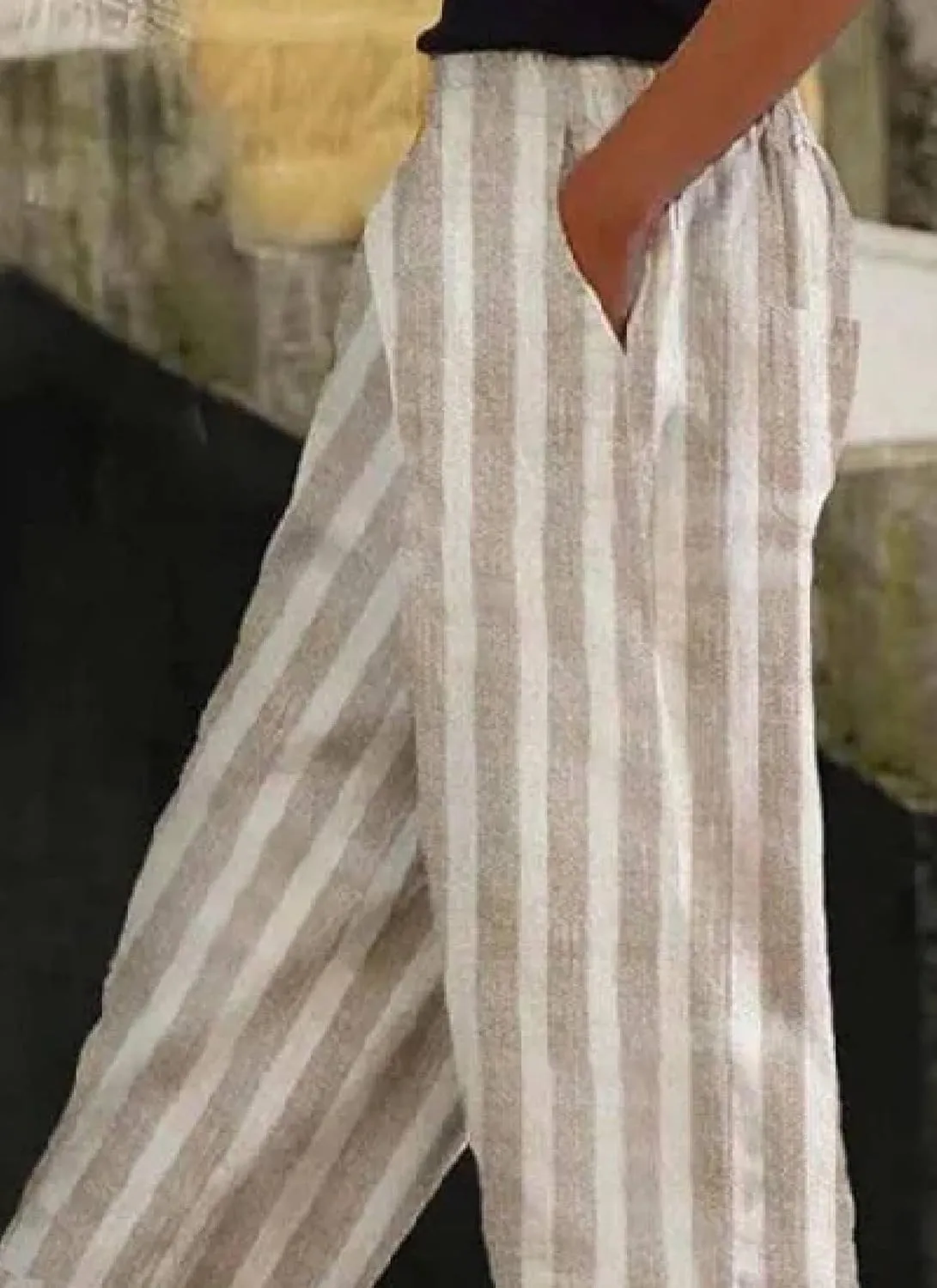 Women's Striped Linen Blend Midi Waist Wide Leg Pants with Side Buttons Casual Long Trousers Summer Lounge Sweatpants