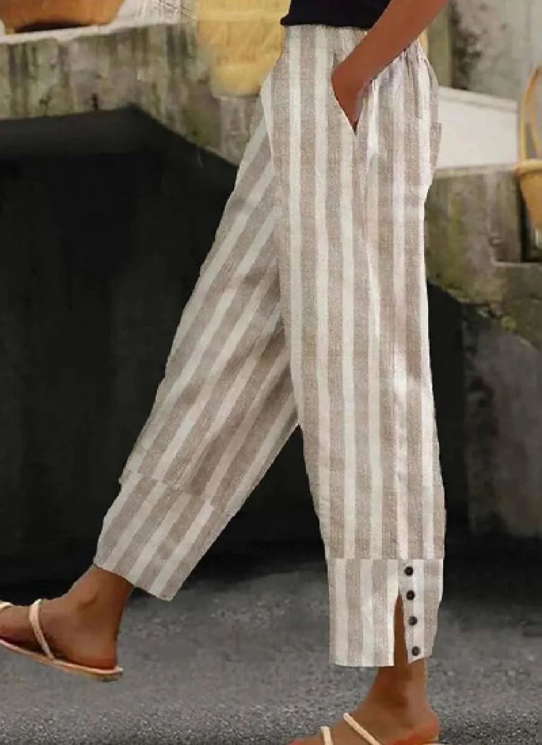 Women's Striped Linen Blend Midi Waist Wide Leg Pants with Side Buttons Casual Long Trousers Summer Lounge Sweatpants
