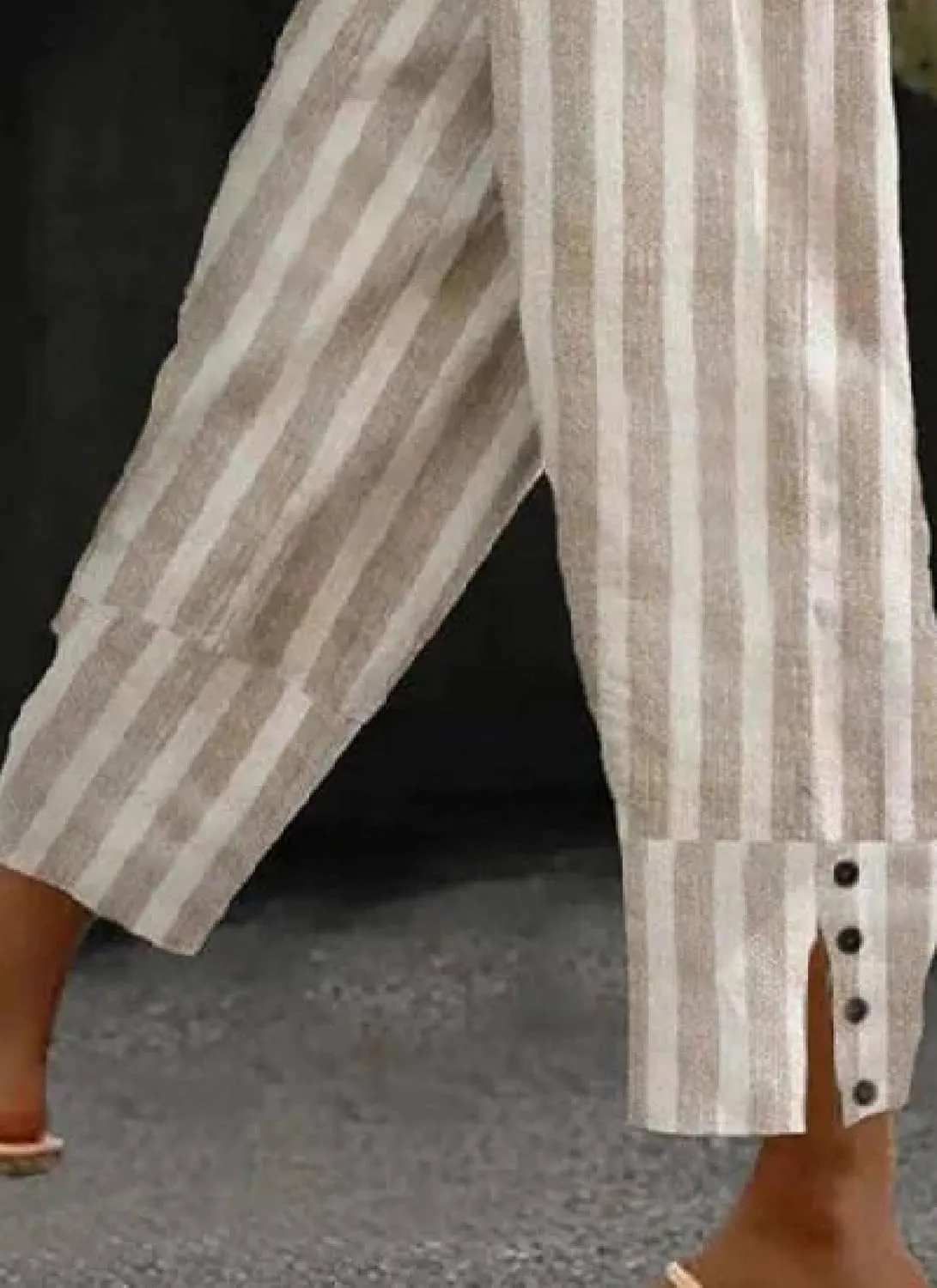 Women's Striped Linen Blend Midi Waist Wide Leg Pants with Side Buttons Casual Long Trousers Summer Lounge Sweatpants