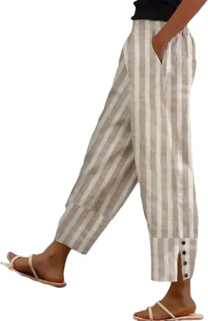 Women's Striped Linen Blend Midi Waist Wide Leg Pants with Side Buttons Casual Long Trousers Summer Lounge Sweatpants