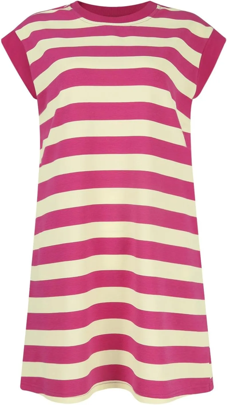 Womens Striped Summer Dresses 2024 Crewneck Patchwork Casual Loose Color Block Tshirt Dress with Pockets