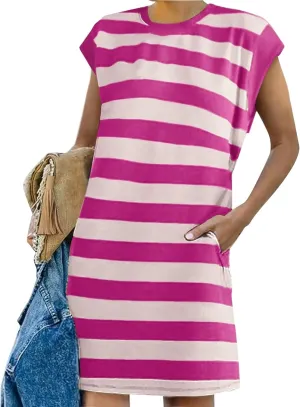 Womens Striped Summer Dresses 2024 Crewneck Patchwork Casual Loose Color Block Tshirt Dress with Pockets