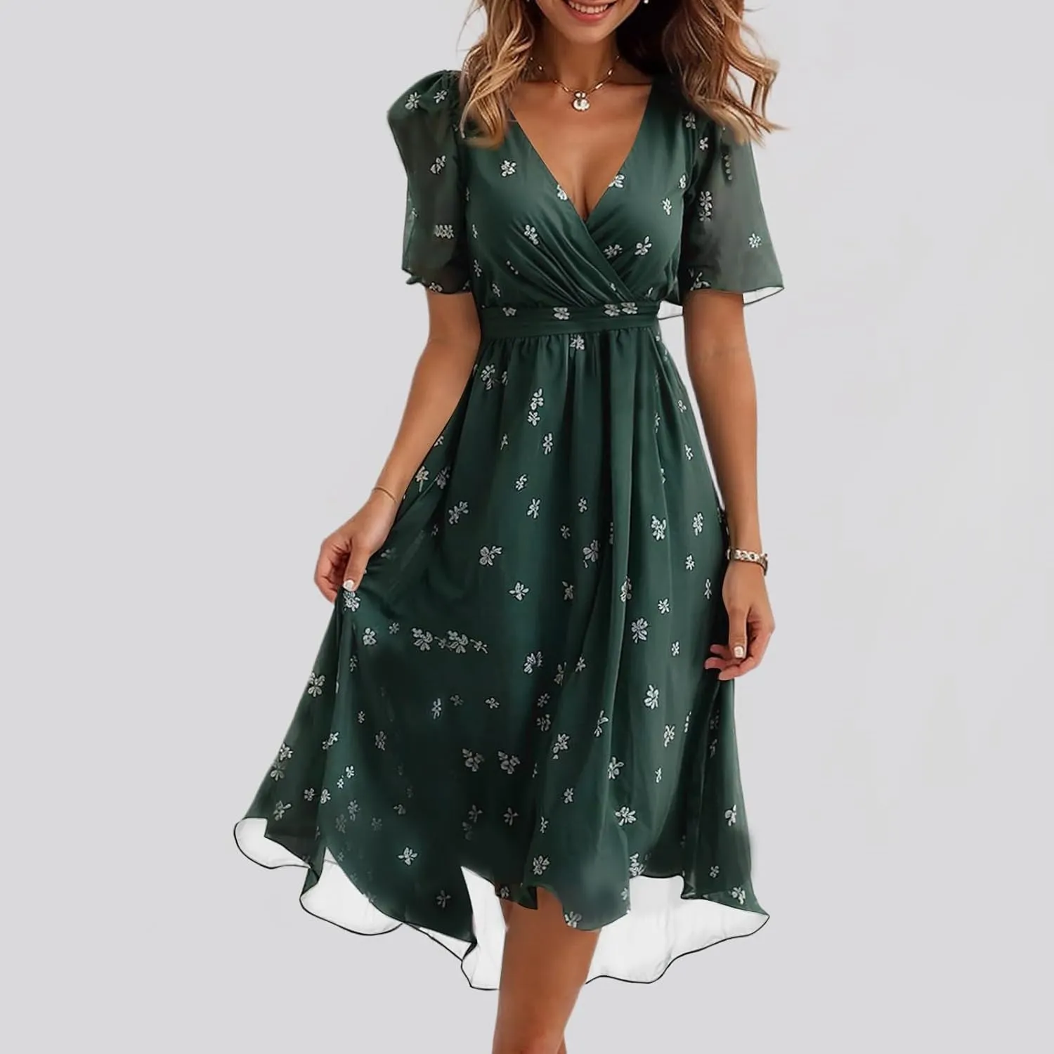 Women's Summer Bohemian Floral Casual Wrap V Neck Flutter Sleeve A-Line Pleated Hem Midi Sundress