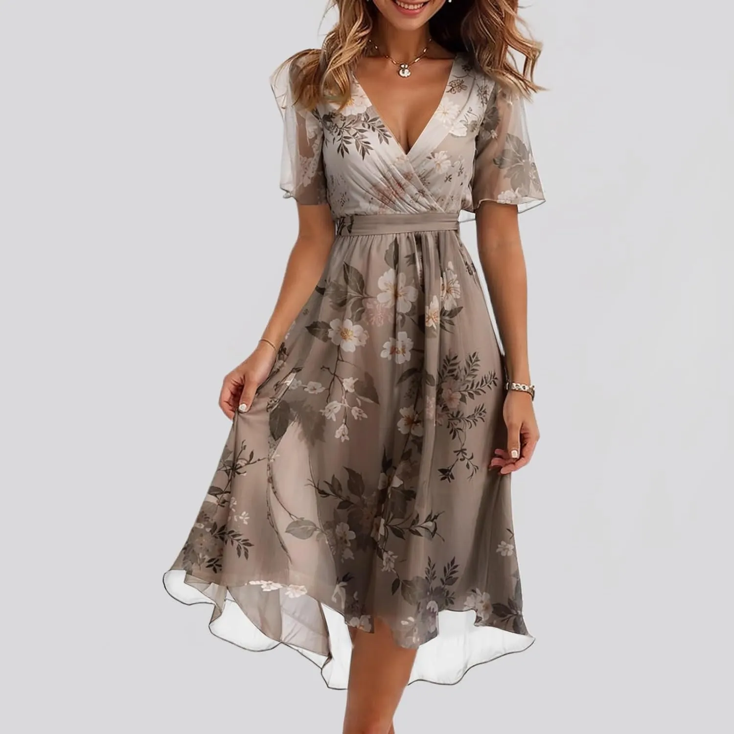 Women's Summer Bohemian Floral Casual Wrap V Neck Flutter Sleeve A-Line Pleated Hem Midi Sundress