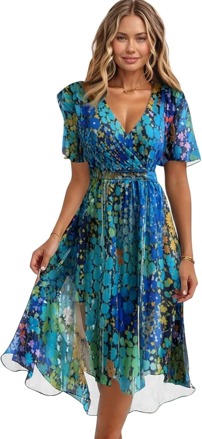 Women's Summer Bohemian Floral Casual Wrap V Neck Flutter Sleeve A-Line Pleated Hem Midi Sundress