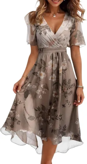 Women's Summer Bohemian Floral Casual Wrap V Neck Flutter Sleeve A-Line Pleated Hem Midi Sundress