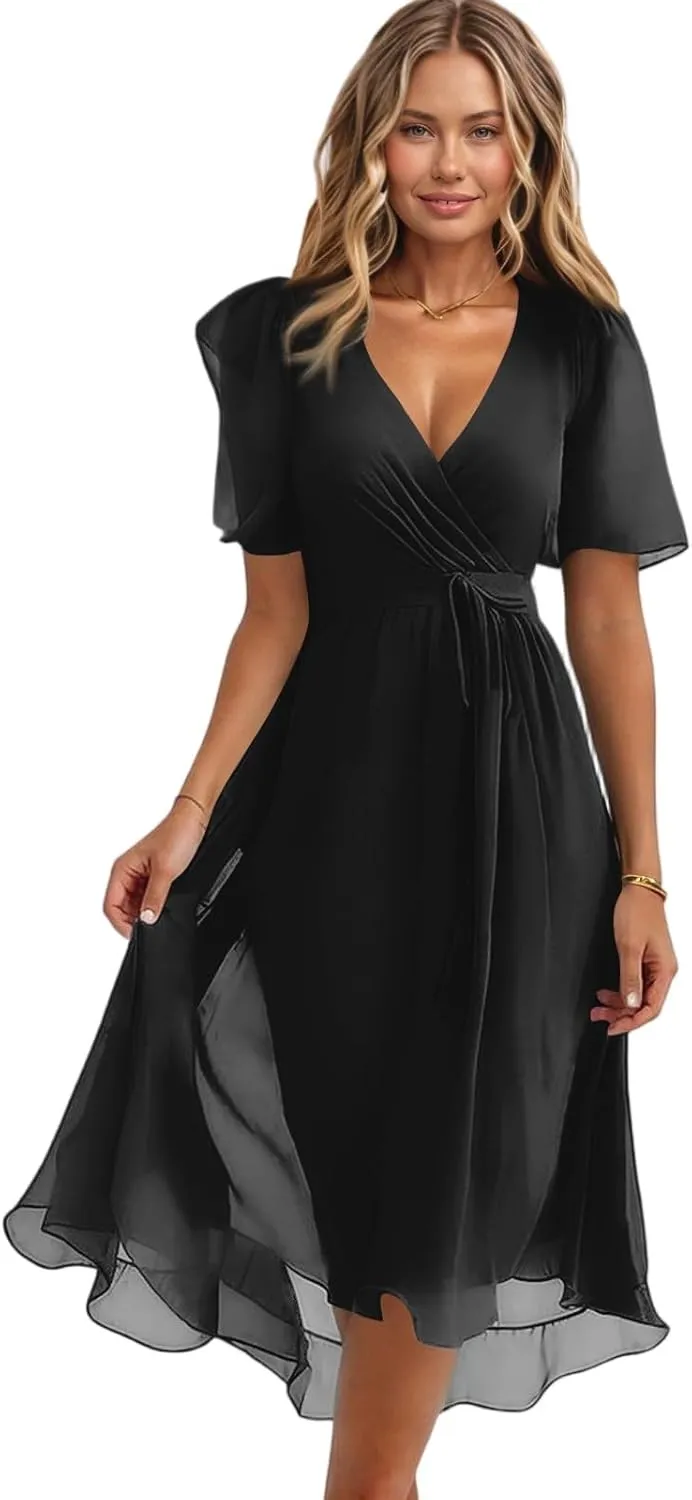 Women's Summer Bohemian Floral Casual Wrap V Neck Flutter Sleeve A-Line Pleated Hem Midi Sundress