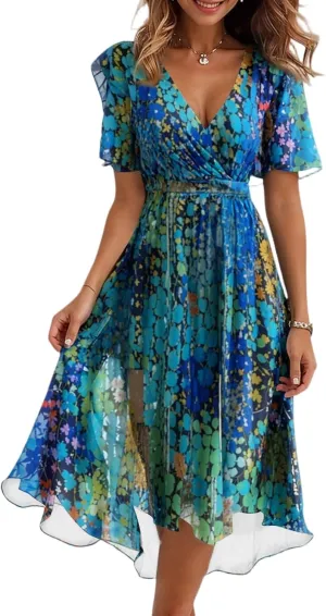 Women's Summer Bohemian Floral Casual Wrap V Neck Flutter Sleeve A-Line Pleated Hem Midi Sundress