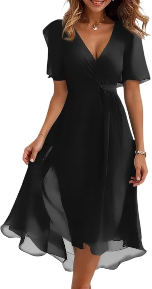 Women's Summer Bohemian Floral Casual Wrap V Neck Flutter Sleeve A-Line Pleated Hem Midi Sundress