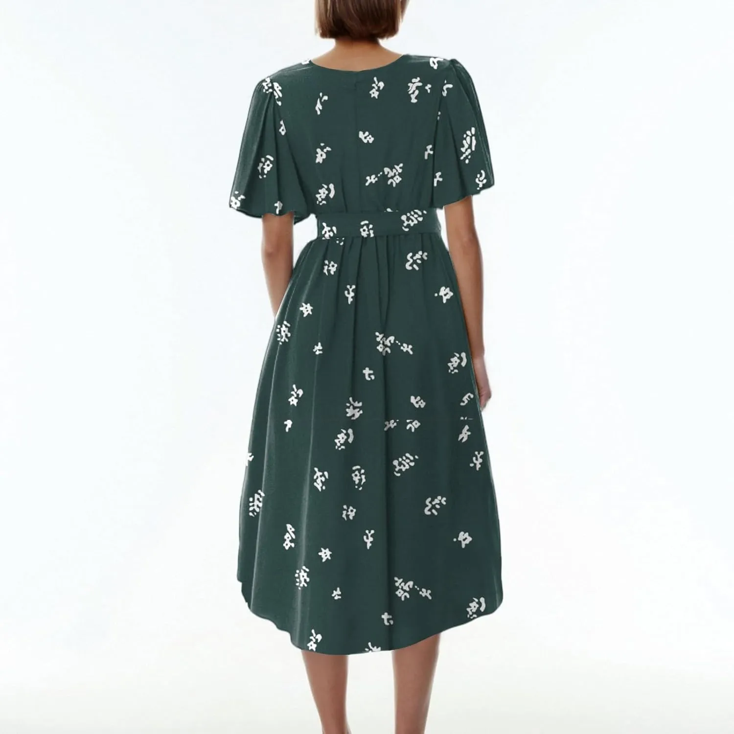 Women's Summer Bohemian Floral Casual Wrap V Neck Flutter Sleeve A-Line Pleated Hem Midi Sundress