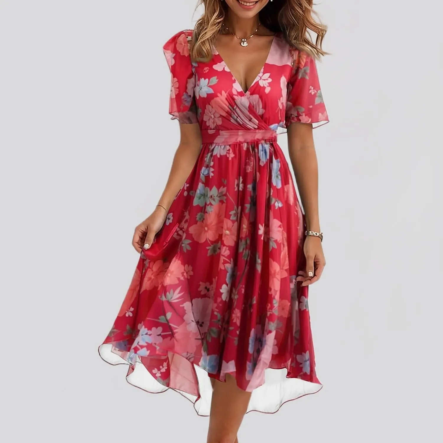 Women's Summer Bohemian Floral Casual Wrap V Neck Flutter Sleeve A-Line Pleated Hem Midi Sundress