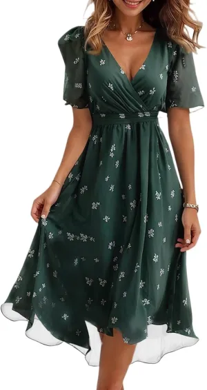 Women's Summer Bohemian Floral Casual Wrap V Neck Flutter Sleeve A-Line Pleated Hem Midi Sundress