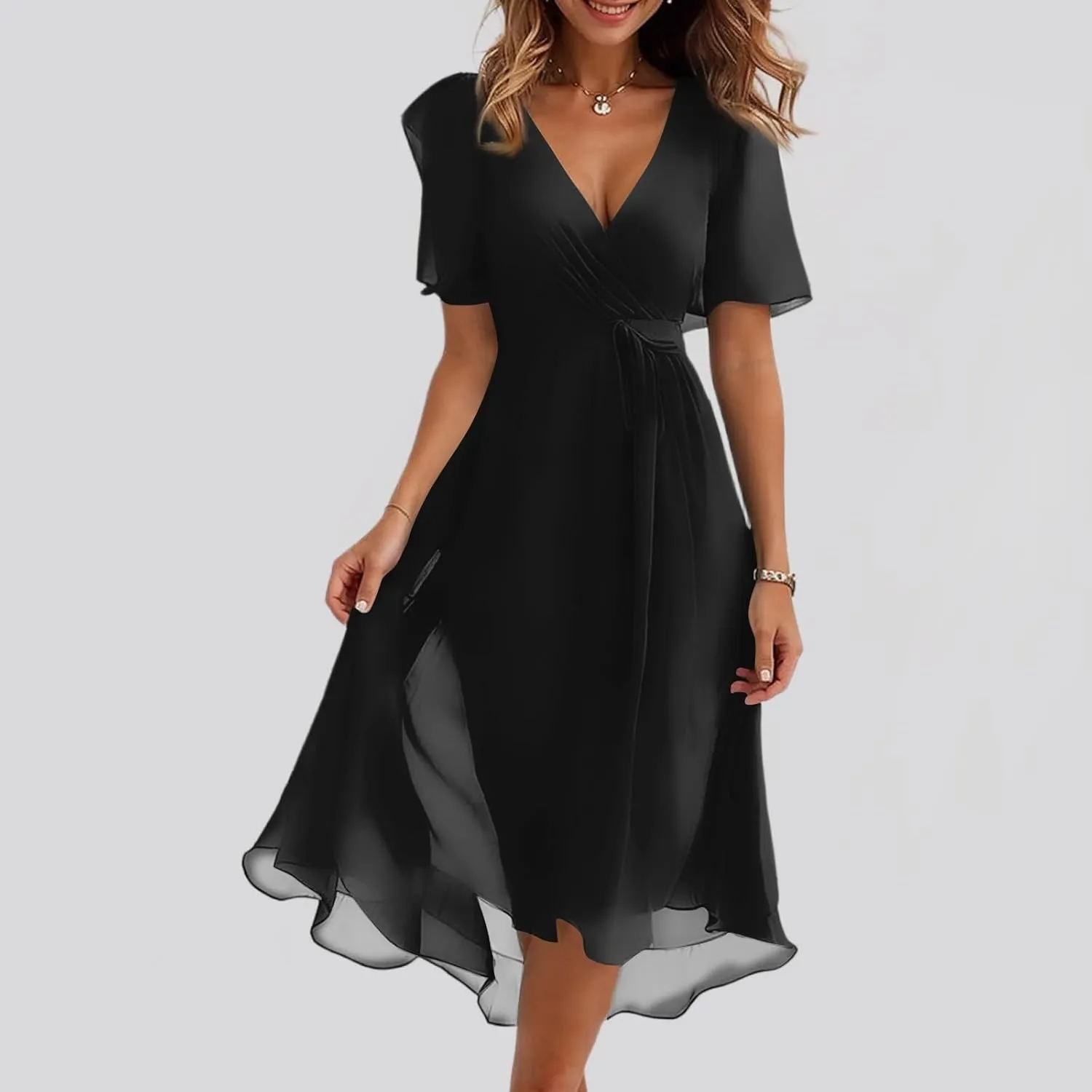 Women's Summer Bohemian Floral Casual Wrap V Neck Flutter Sleeve A-Line Pleated Hem Midi Sundress