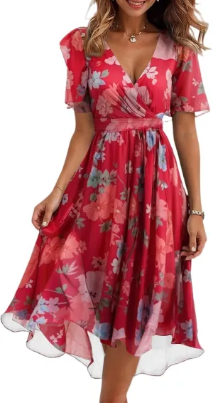 Women's Summer Bohemian Floral Casual Wrap V Neck Flutter Sleeve A-Line Pleated Hem Midi Sundress