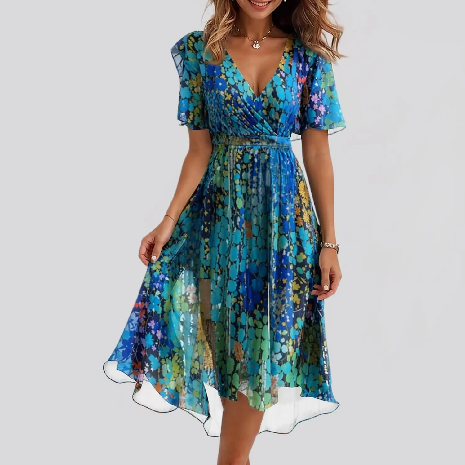 Women's Summer Bohemian Floral Casual Wrap V Neck Flutter Sleeve A-Line Pleated Hem Midi Sundress