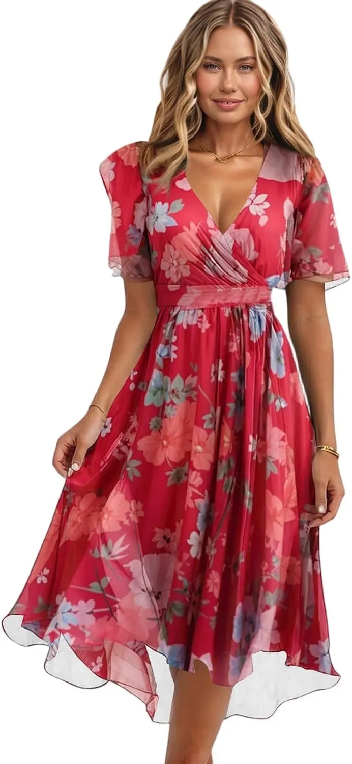 Women's Summer Bohemian Floral Casual Wrap V Neck Flutter Sleeve A-Line Pleated Hem Midi Sundress