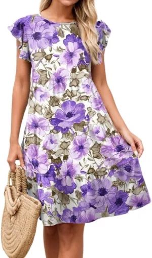 Womens Summer Boho Floral Print Ruffle Cap Sleeve Mini Dresses Crew Neck Flowy Beach Vacation Casual Loose Dress